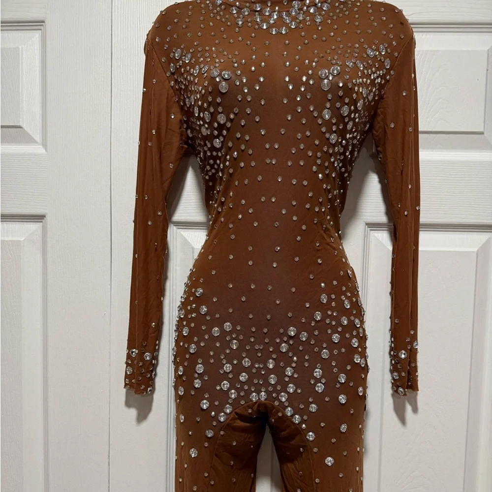 Brown Rhinestone Embellished Mesh Bodysuit Unitard - Picture 4 of 7